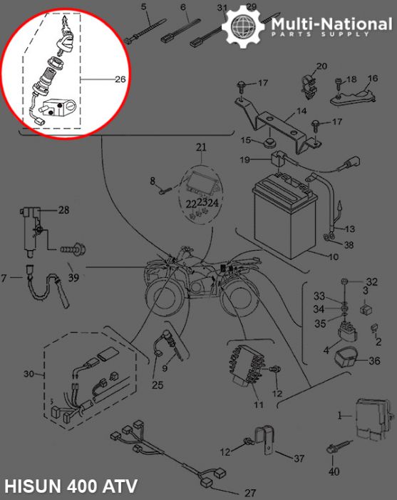 Ignition Key Switch - ATV, Hisun, 400cc - 10A4232 - PBC2174F1